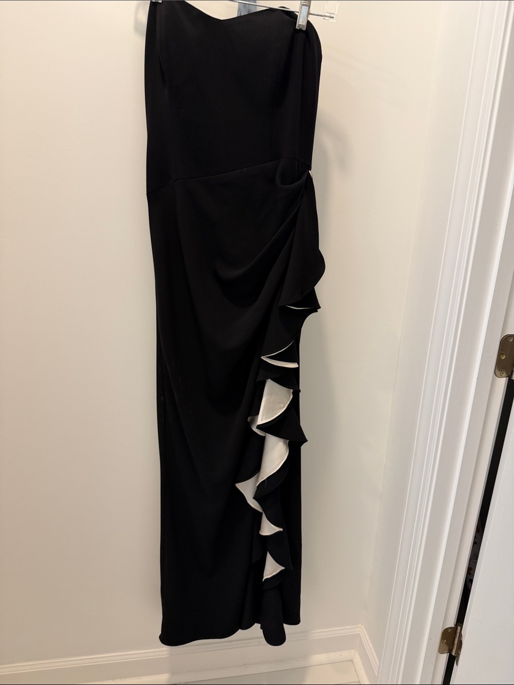 Badgley Mischka Black Strapless Jumpsuit with White-Trim Ruffle